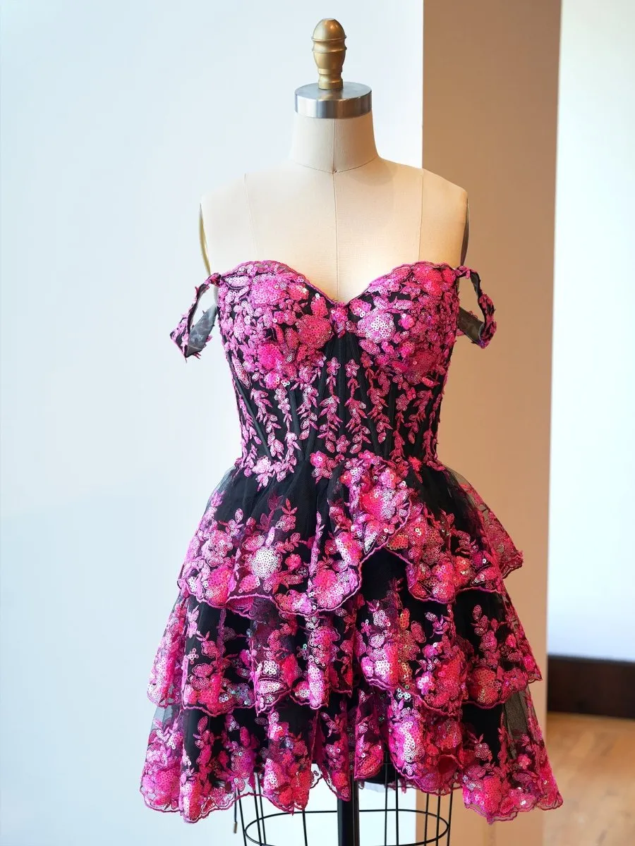 Everly | Black Pink - A-Line Sweetheart Tiered Short Homecoming & Cocktail Dresses sold by KissProm