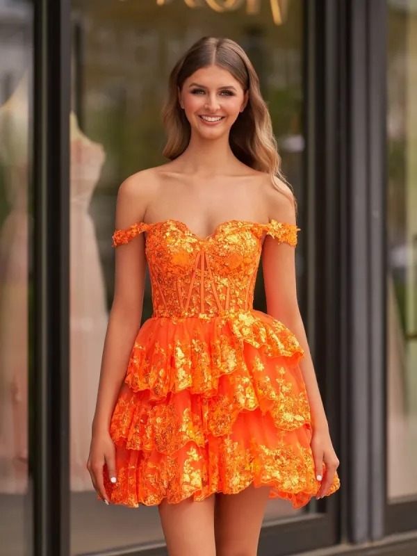 Everly | Orange - A-Line Sweetheart Tiered Short Homecoming & Cocktail Dresses sold by KissProm