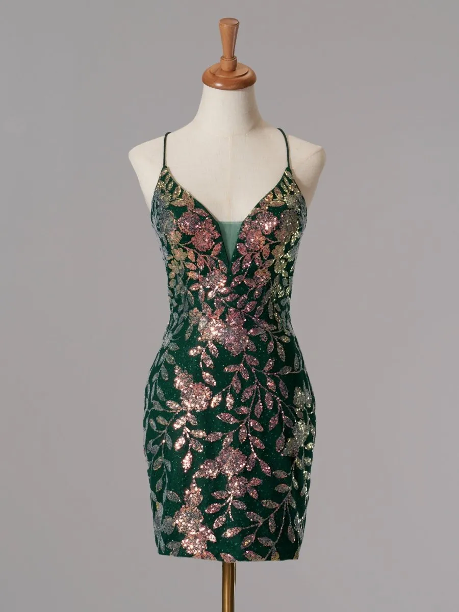 Kasiani | Green - Bodycon V Neck Sequined Homecoming Dresses sold by KissProm