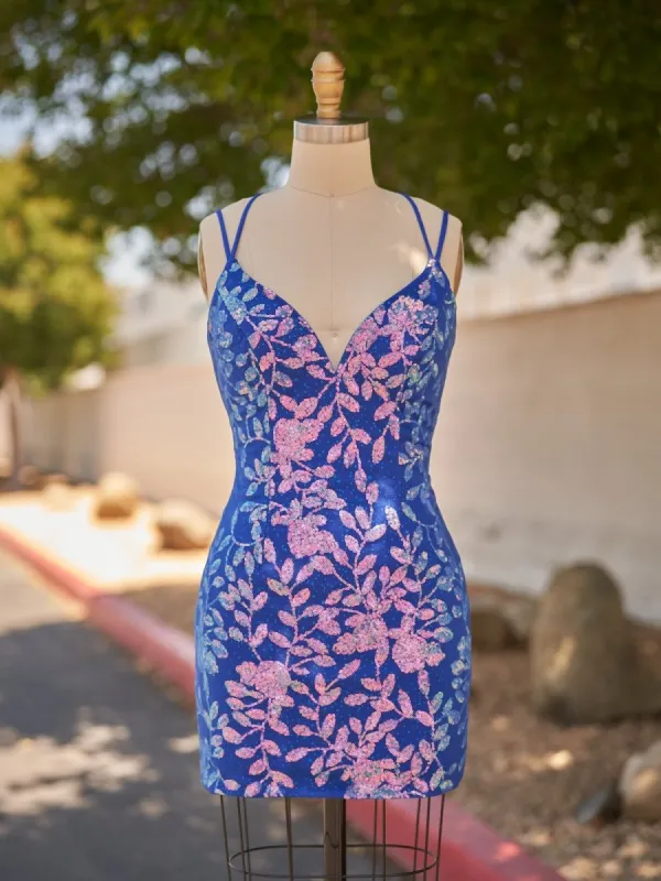 Kasiani | Royal Blue - Bodycon V Neck Sequined Homecoming Dresses sold by KissProm