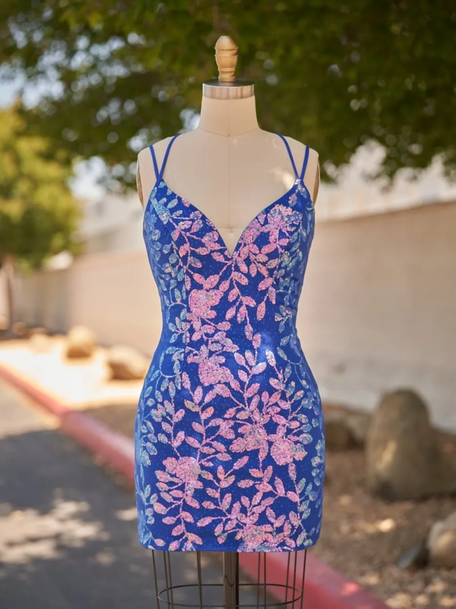 Kasiani | Royal Blue - Bodycon V Neck Sequined Mini Party Dresses sold by KissProm