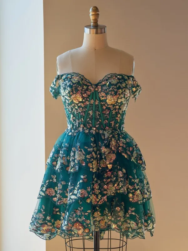 Everly | Green - A-Line Sweetheart Tiered Short Homecoming & Cocktail Dresses sold by KissProm