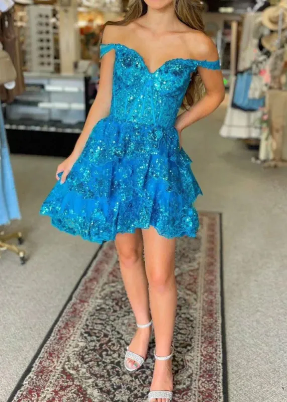 Everly | Peacock - A-Line Sweetheart Tiered Short Homecoming & Cocktail Dresses sold by KissProm