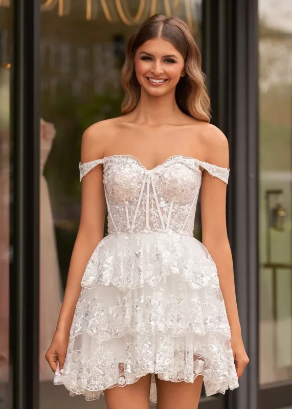 Everly | White - A-Line Sweetheart Tiered Short Homecoming & Cocktail Dresses sold by KissProm