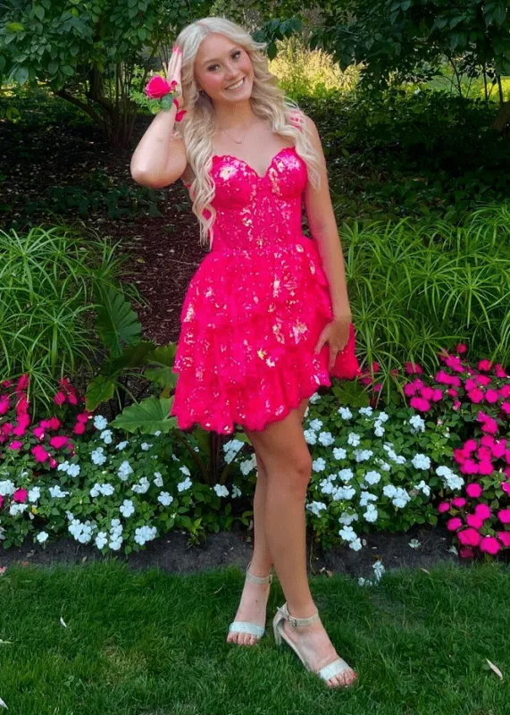 Everly | Fuchsia Gold - A-Line Sweetheart Tiered Short Homecoming & Cocktail Dresses sold by KissProm