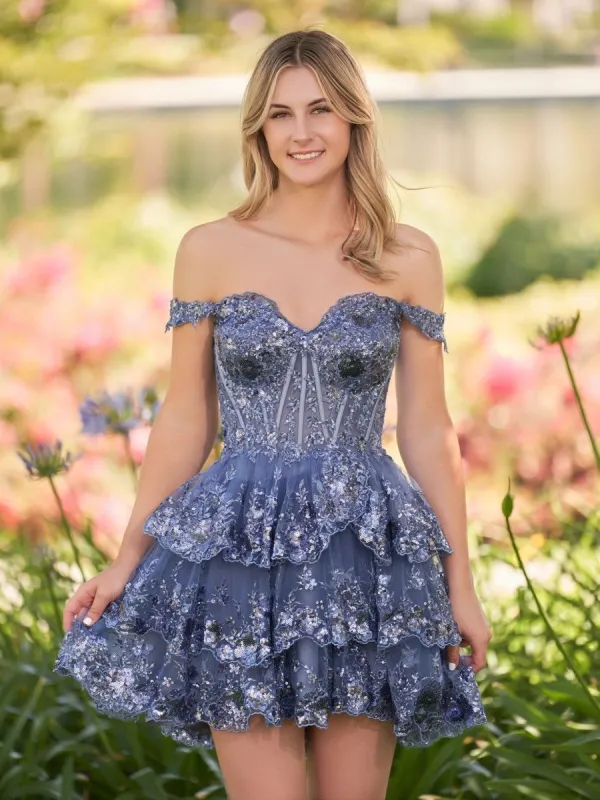 Everly | Grey Blue - A-Line Sweetheart Tiered Short Homecoming & Cocktail Dresses sold by KissProm