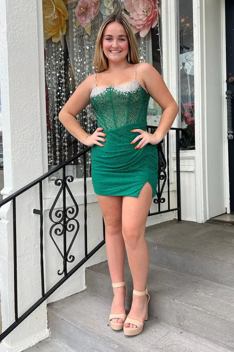 Kyana | Sparkly Green Beaded Corset Spaghetti Straps Tight Homecoming Dress sold by KissProm