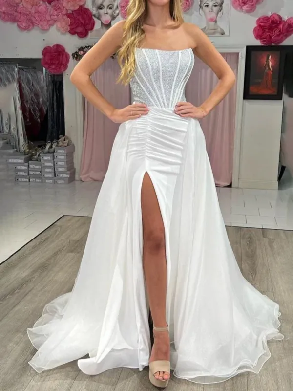 Chime | White - Mermaid Strapless Satin Long Prom Dresses With Beading sold by KissProm