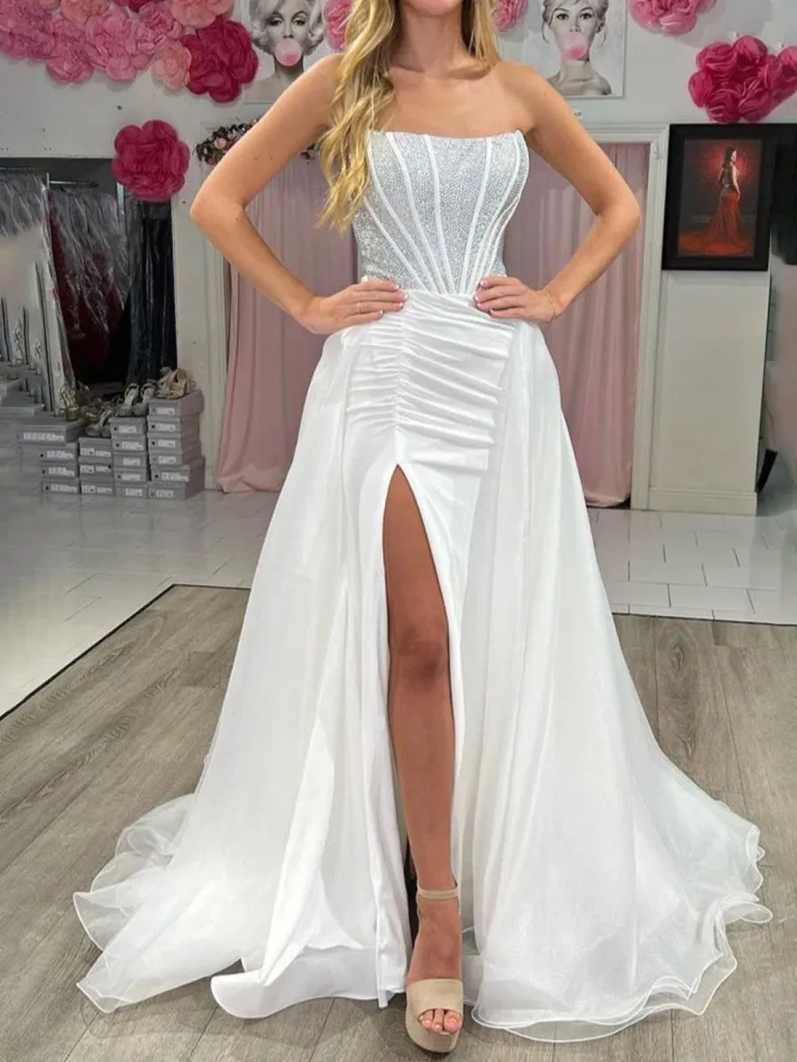 Chime | White - Mermaid Strapless Satin Long Prom Dresses With Beading sold by KissProm