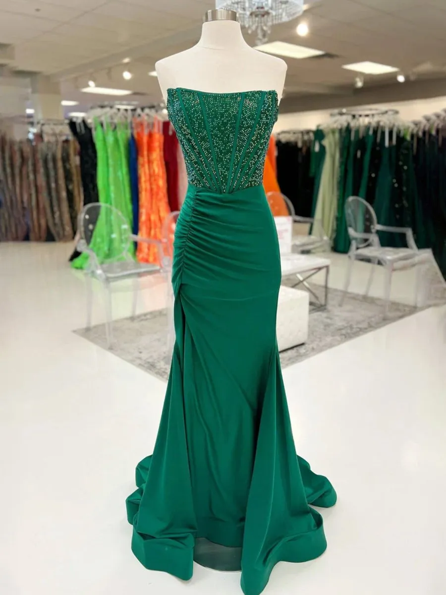 Chime | Green - Mermaid Strapless Satin Long Prom Dresses With Beading sold by KissProm