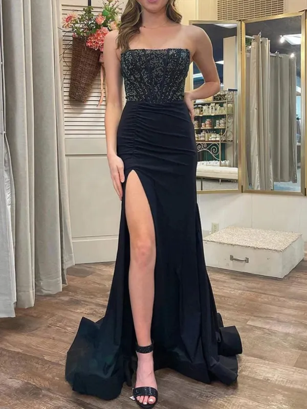 Chime | Black - Mermaid Strapless Satin Long Prom Dresses With Beading sold by KissProm