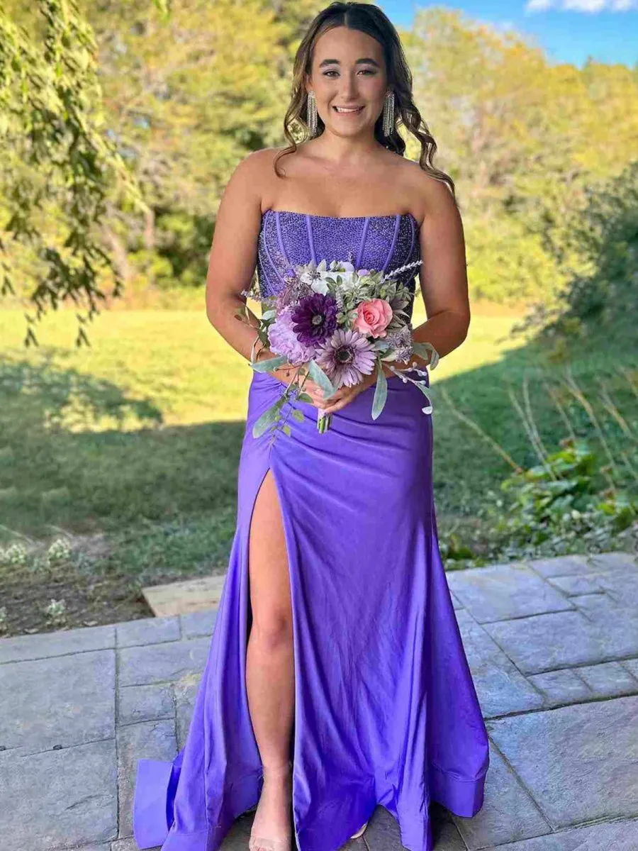 Chime | Purple - Mermaid Strapless Satin Long Prom Dresses With Beading sold by KissProm