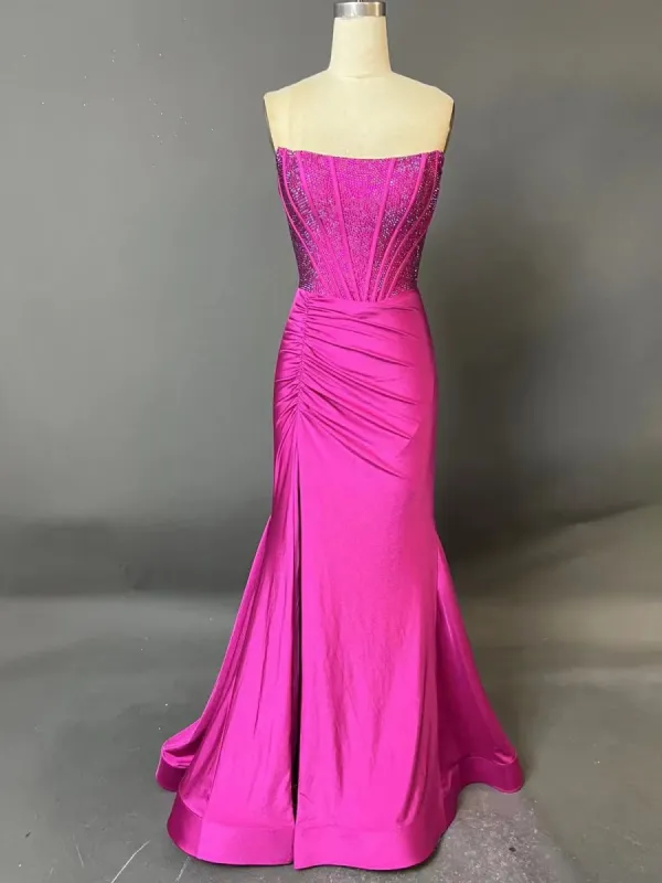 Chime | Fuchsia - Mermaid Strapless Satin Long Prom Dresses With Beading sold by KissProm