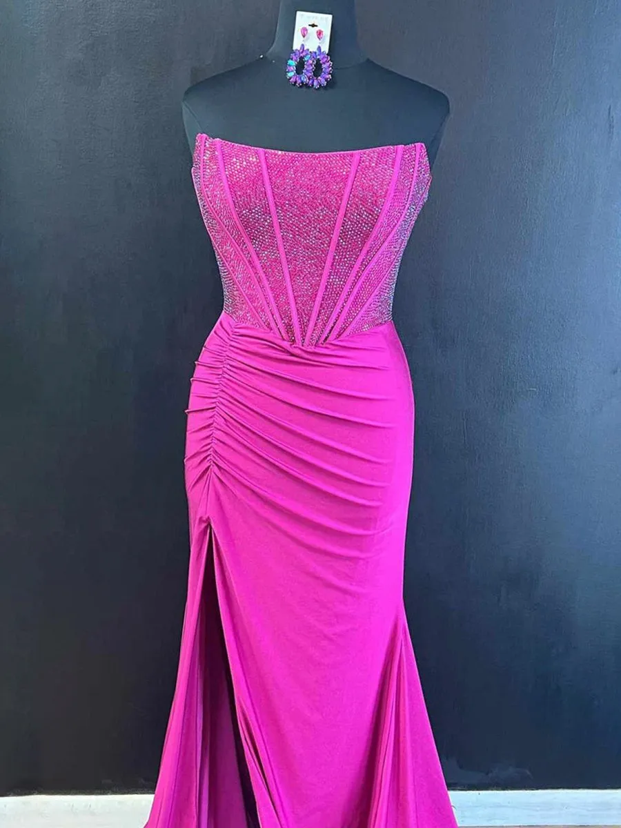 Chime | Fuchsia - Mermaid Strapless Satin Long Prom Dresses With Beading sold by KissProm product image thumbnail 2