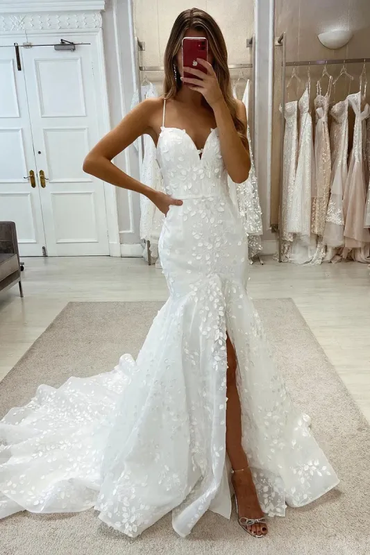 Allover Lace Wedding Dress Spaghetti Straps Mermaid Bridal Gown sold by KissProm