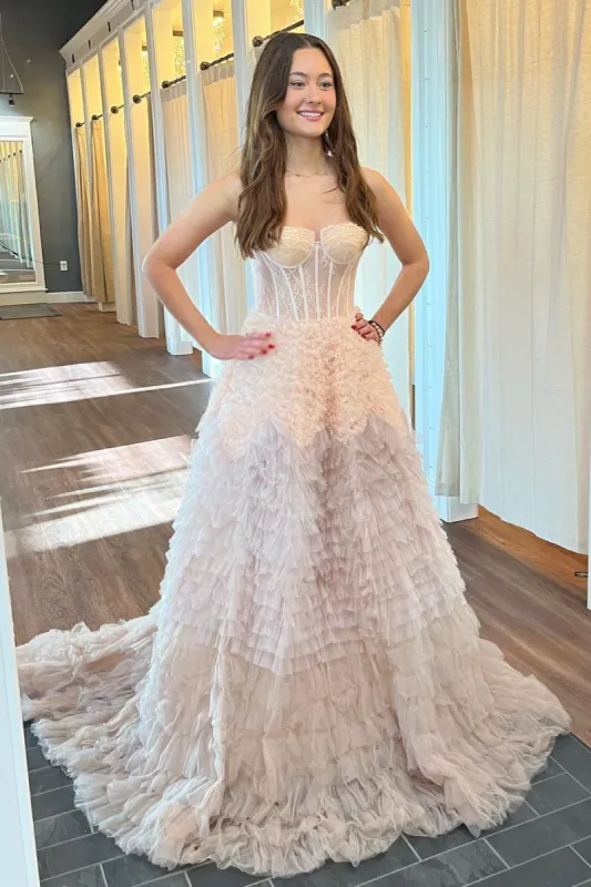 Emberlynn | Ivory Tulle Ruffle Layers Boning A-Line Long Prom Dress sold by KissProm