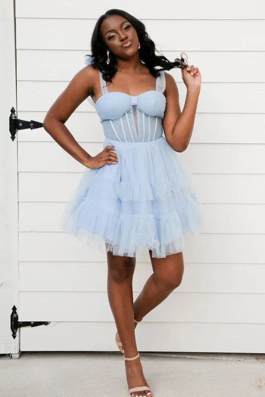 Evander | Sky Blue - A Line Sweetheart Tiered Tulle Short Homecoming Dresses With Bow Straps sold by KissProm