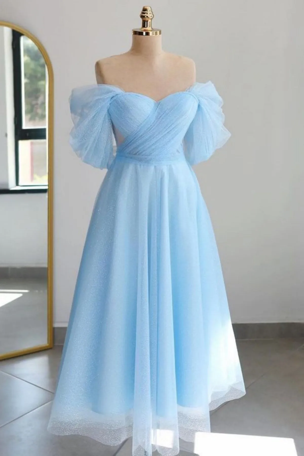 Prima | Shiny Tulle Off the Shoulder Light Blue Tea Length Prom Dress sold by KissProm