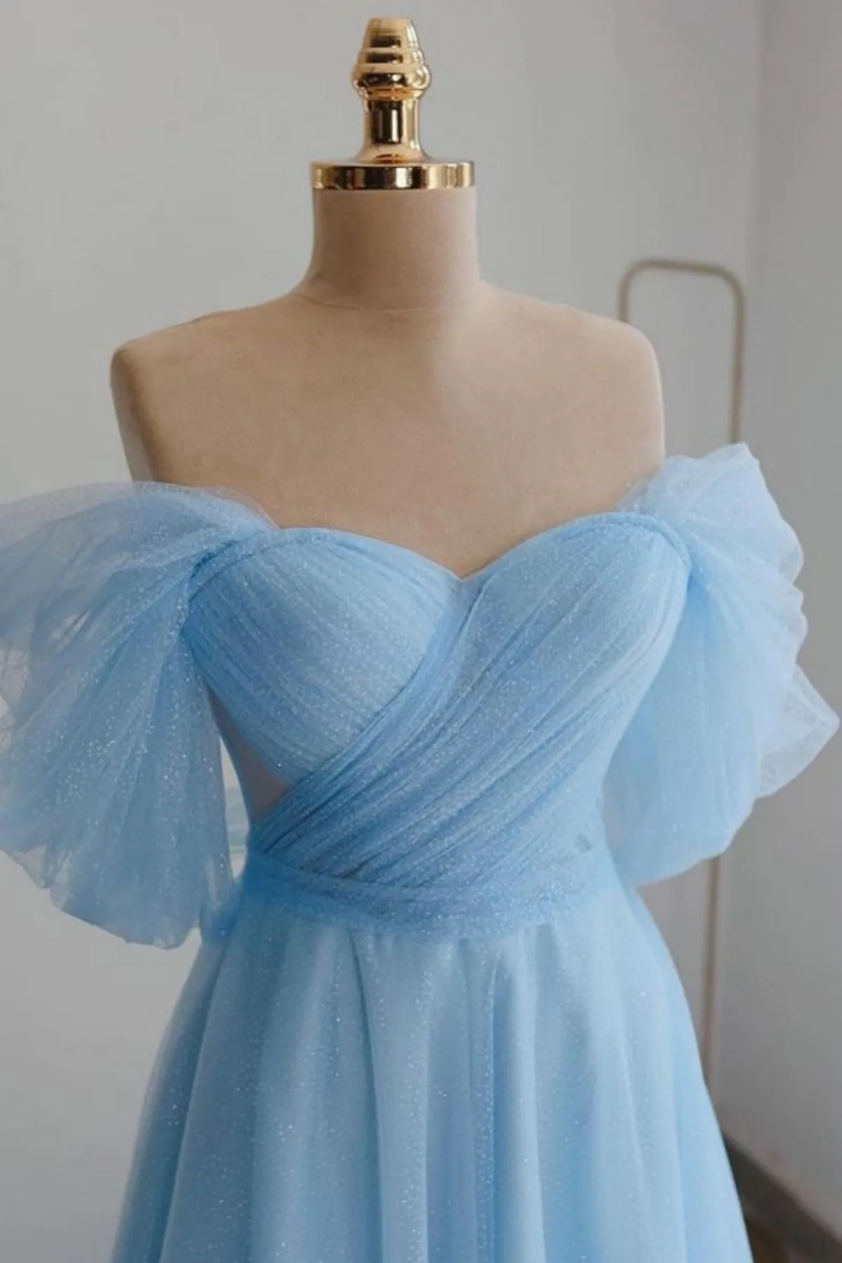 Prima | Shiny Tulle Off the Shoulder Light Blue Tea Length Prom Dress sold by KissProm product image thumbnail 2
