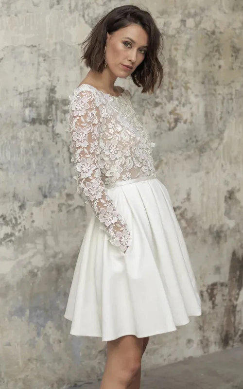 Simple A Line Short Knee-length Satin Lace Bateau Long Sleeve Wedding Dress sold by KissProm