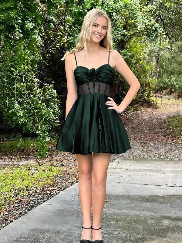 Maelwin | Dark Green - A Line Straps Satin Short Homecoming Dresses With Flower sold by KissProm