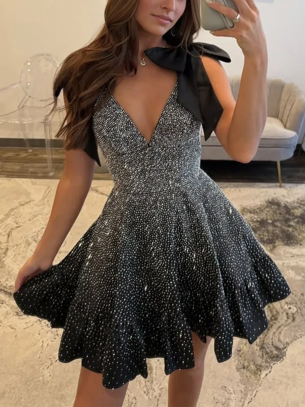 Fidela | Black - V Neck Satin A Line Beaded Homecoming Dress With Bow sold by KissProm