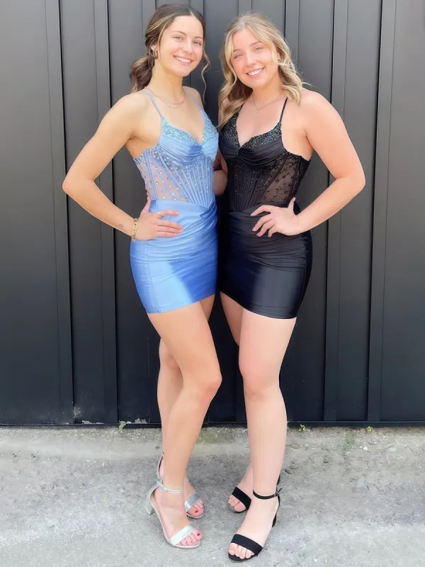 Black - Spaghetti Straps Satin Bodycon Pleated Homecoming Dress With Beading sold by KissProm