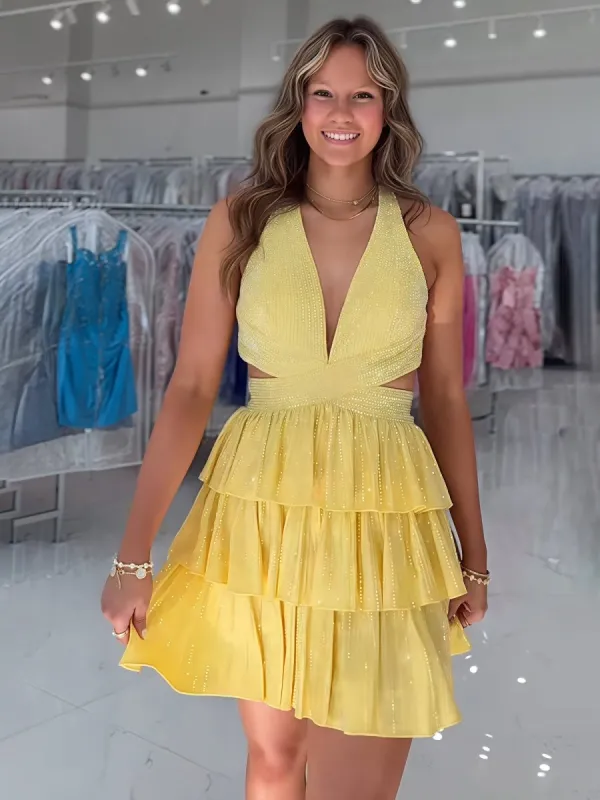 Betony | Yellow - V Neck A Line Cutout Satin Tiered Homecoming Dress With Beading sold by KissProm