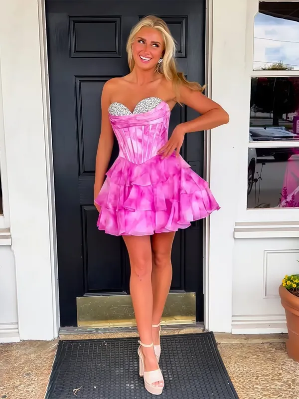 Praelia | Fuchsia - Strapless A Line Chiffon Tiered Homecoming Dress With Beading sold by KissProm