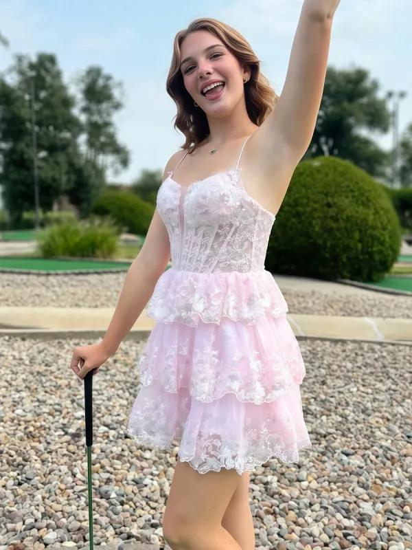 Yarael | Pink - Spaghetti Straps A-Line Tulle Ruffle Tiered Homecoming Dresses With Appliques sold by KissProm