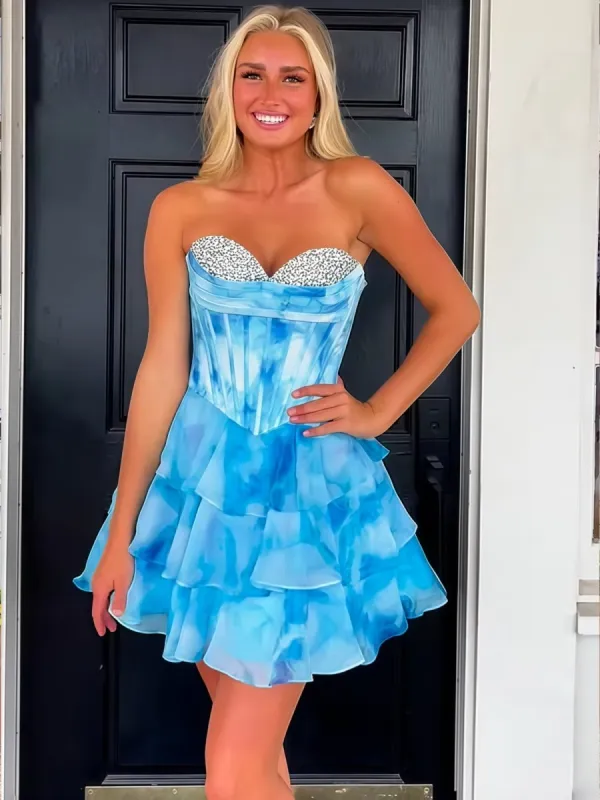 Praelia | Blue - Strapless A Line Chiffon Tiered Homecoming Dress With Beading sold by KissProm