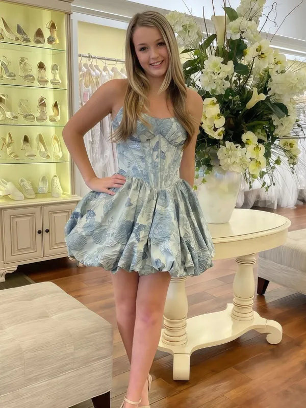 Hypatia | Blue - Scoop Neck A Line Floral Short Homecoming Dress sold by KissProm