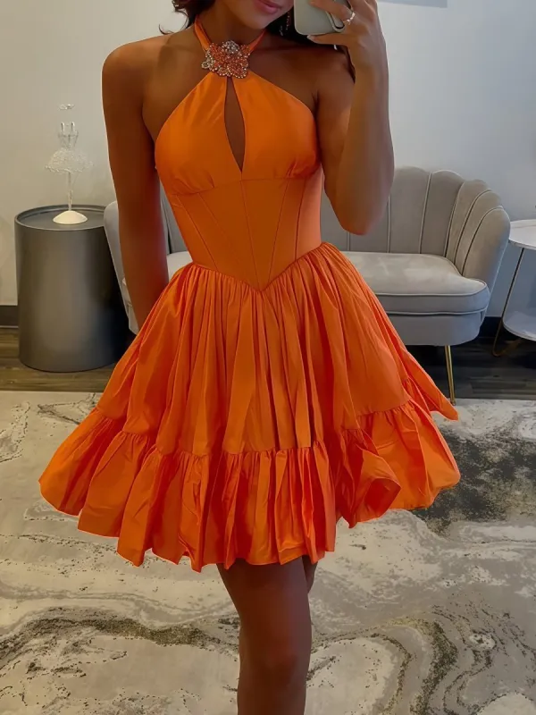 Orange - Halter A Line Ruffled Short Homecoming Dress With Beading sold by KissProm