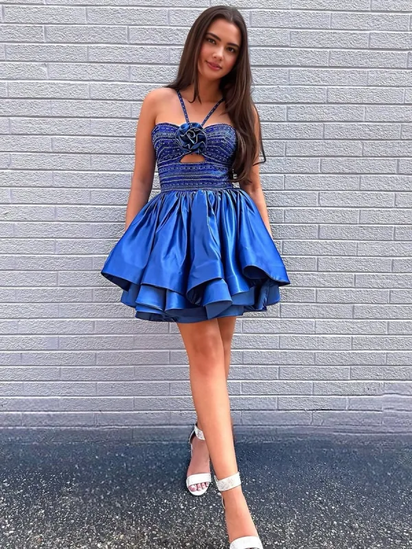 Darcelle | Royal Blue - Halter A Line Satin Beaded Homecoming Dresses With Flower sold by KissProm