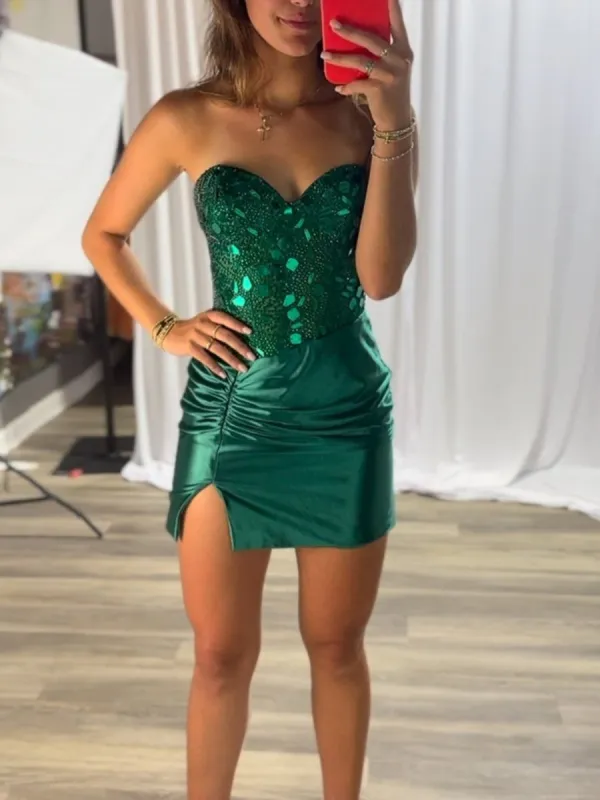 Branwen | Emerald - Strapless Bodycon Satin Mirror Homecoming Dress With Beading sold by KissProm