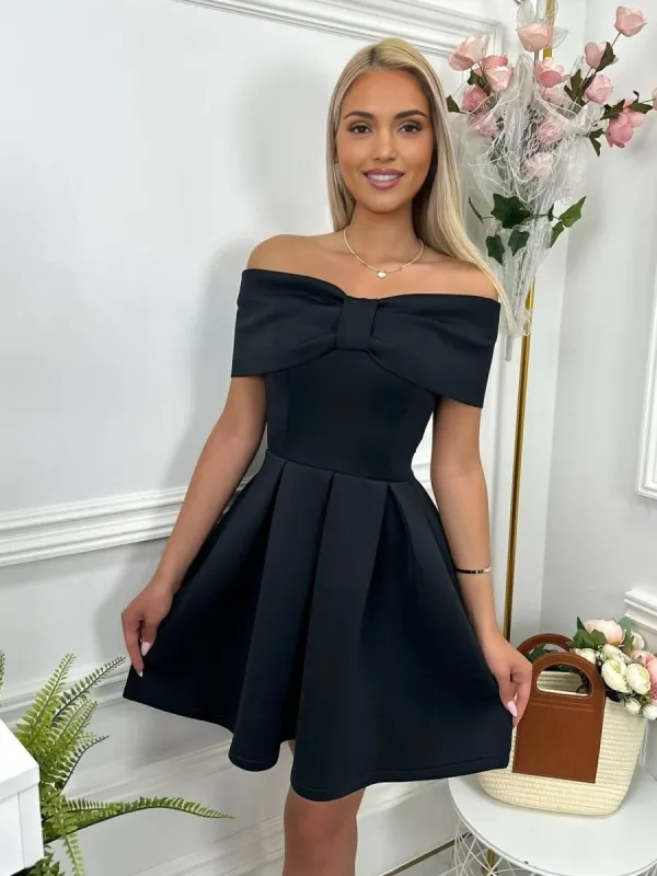 Briseis | Black - Off The Shoulder A Line Satin Short Homecoming Dress With Bow sold by KissProm