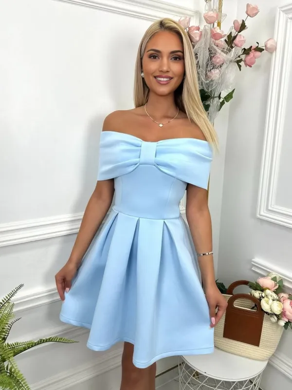 Briseis | Blue - Off The Shoulder A Line Satin Short Homecoming Dress With Bow sold by KissProm