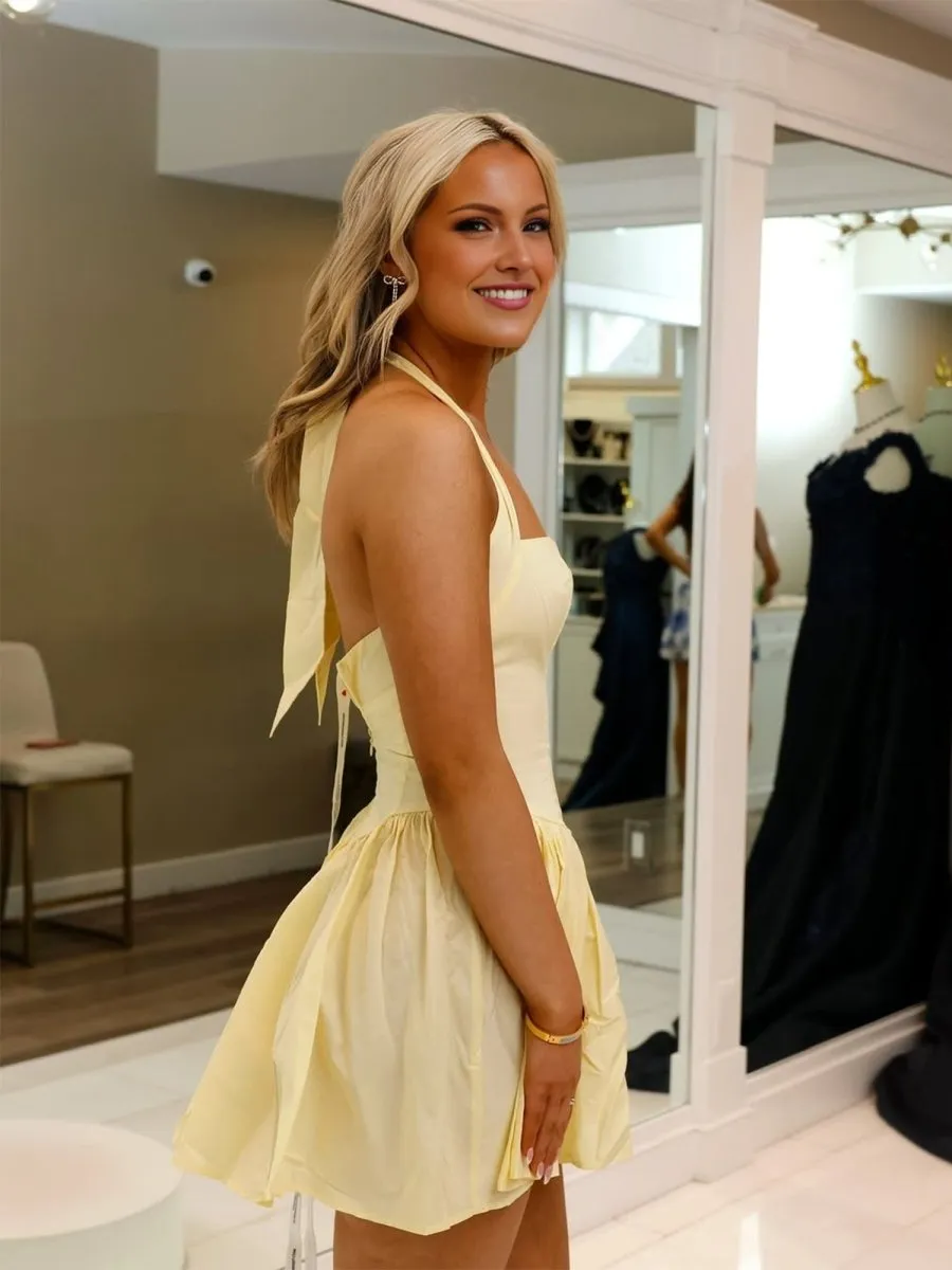 Undine | Yellow - Halter A Line Satin Short Homecoming Dress sold by KissProm product image thumbnail 2