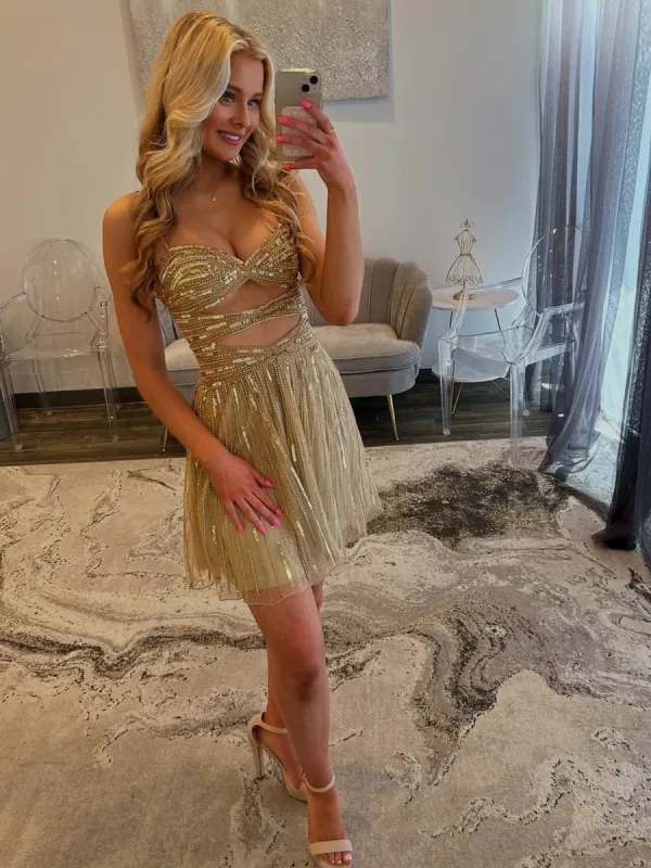 Kaelith | Gold - Sweetheart Beaded Cut Out A-Line Homecoming Dress sold by KissProm