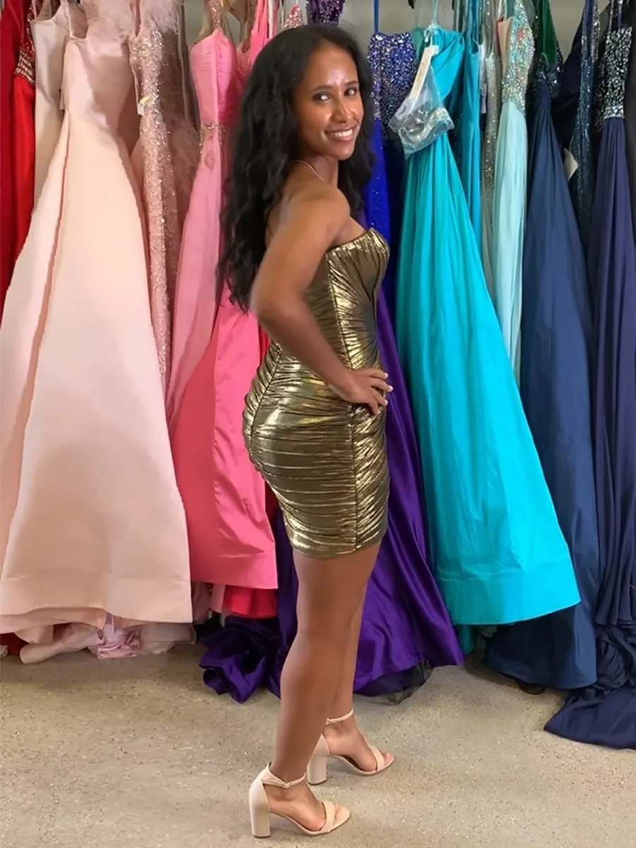 Gold - Strapless Bodycon Metallic Short Homecoming Dress With Keyhole sold by KissProm product image thumbnail 5