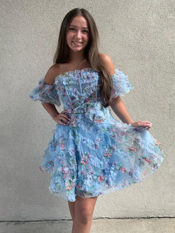 Tovia | Blue - Off The Shoulder Floral Printed A Line Homecoming Dress With Ruffles sold by KissProm