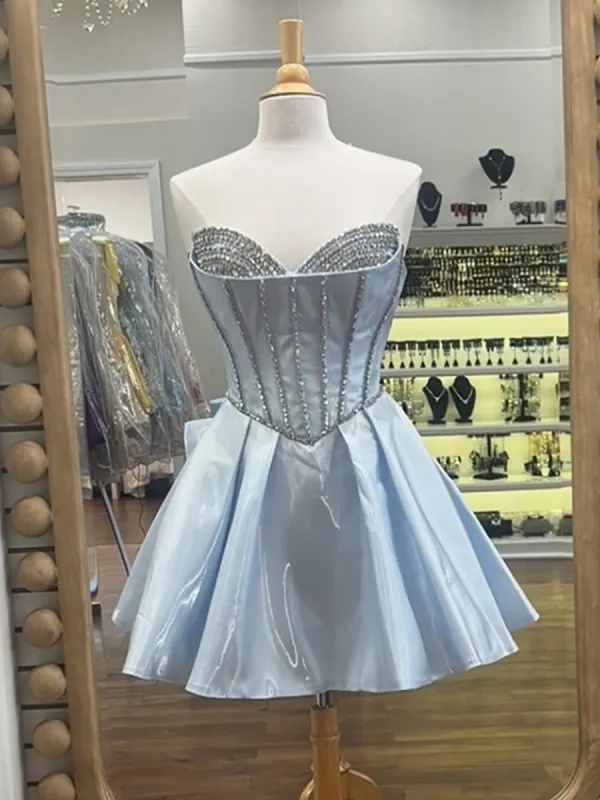 Melantha | Blue - Strapless  Satin A Line Beaded Homecoming Dress With Bow sold by KissProm