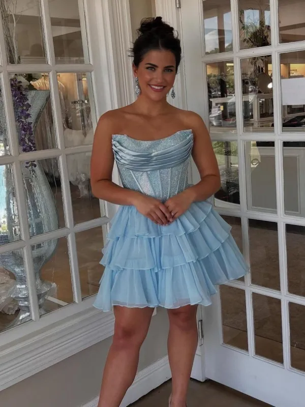 Amica | Sky Blue - Strapless A Line Chiffon Beaded Homecoming Dress With Ruffles sold by KissProm