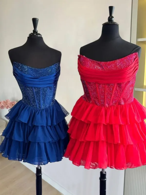 Amica | Red - Strapless A Line Chiffon Beaded Homecoming Dress With Ruffles sold by KissProm