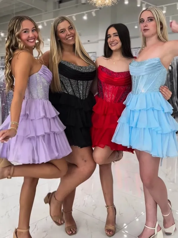 Amica | Lilac - Strapless A Line Chiffon Beaded Homecoming Dress With Ruffles sold by KissProm