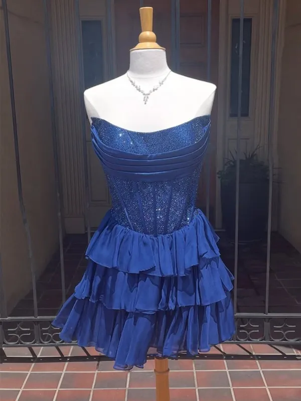 Amica | Navy Blue - Strapless A Line Chiffon Beaded Homecoming Dress With Ruffles sold by KissProm
