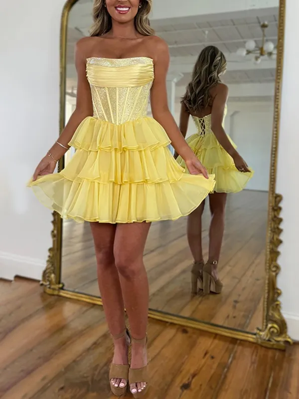 Amica | Yellow - Strapless A Line Chiffon Beaded Homecoming Dress With Ruffles sold by KissProm