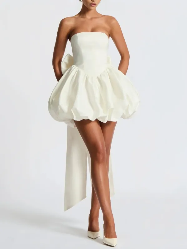 Raelee | White - Strapless A Line Satin Short Homecoming Dress With Bow sold by KissProm