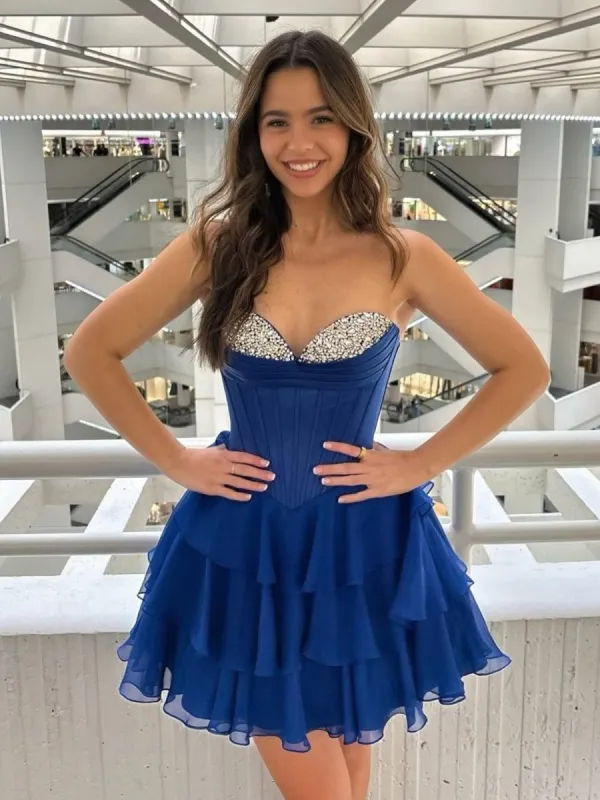 Elarae | Royal Blue - Strapless A Line Ruffles Homecoming Dress With Beading sold by KissProm