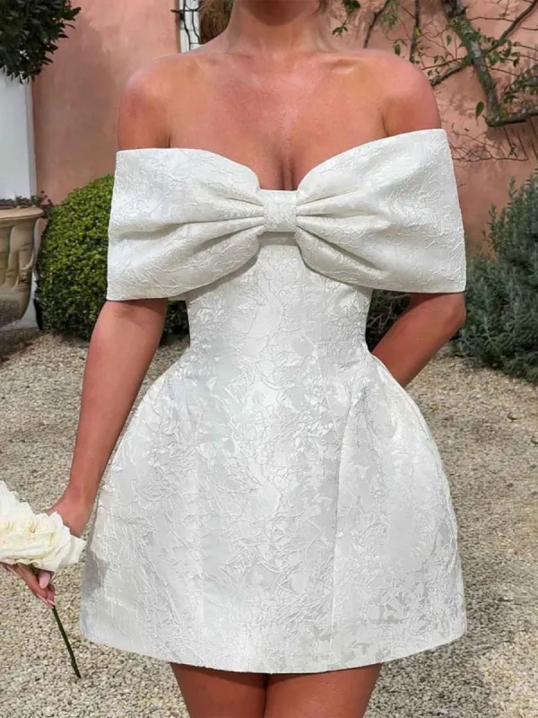 Hunter | White - Off The Shoulder Satin A Line Homecoming Dress With Appliques sold by KissProm